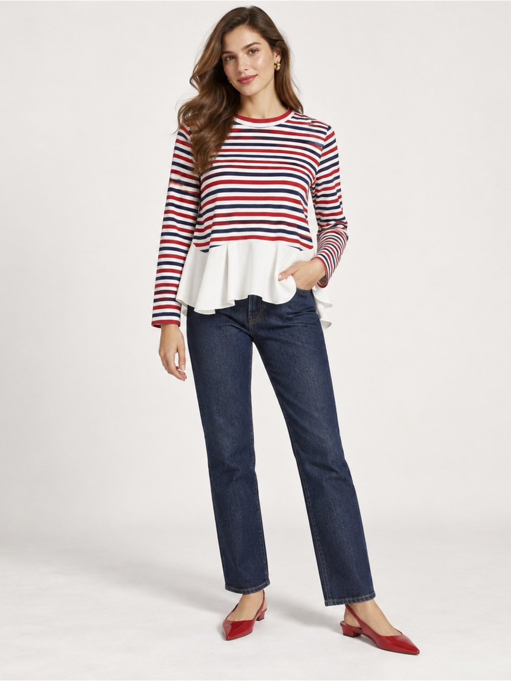 English Factory Red, White, and Blue Striped Ruffle Blouse